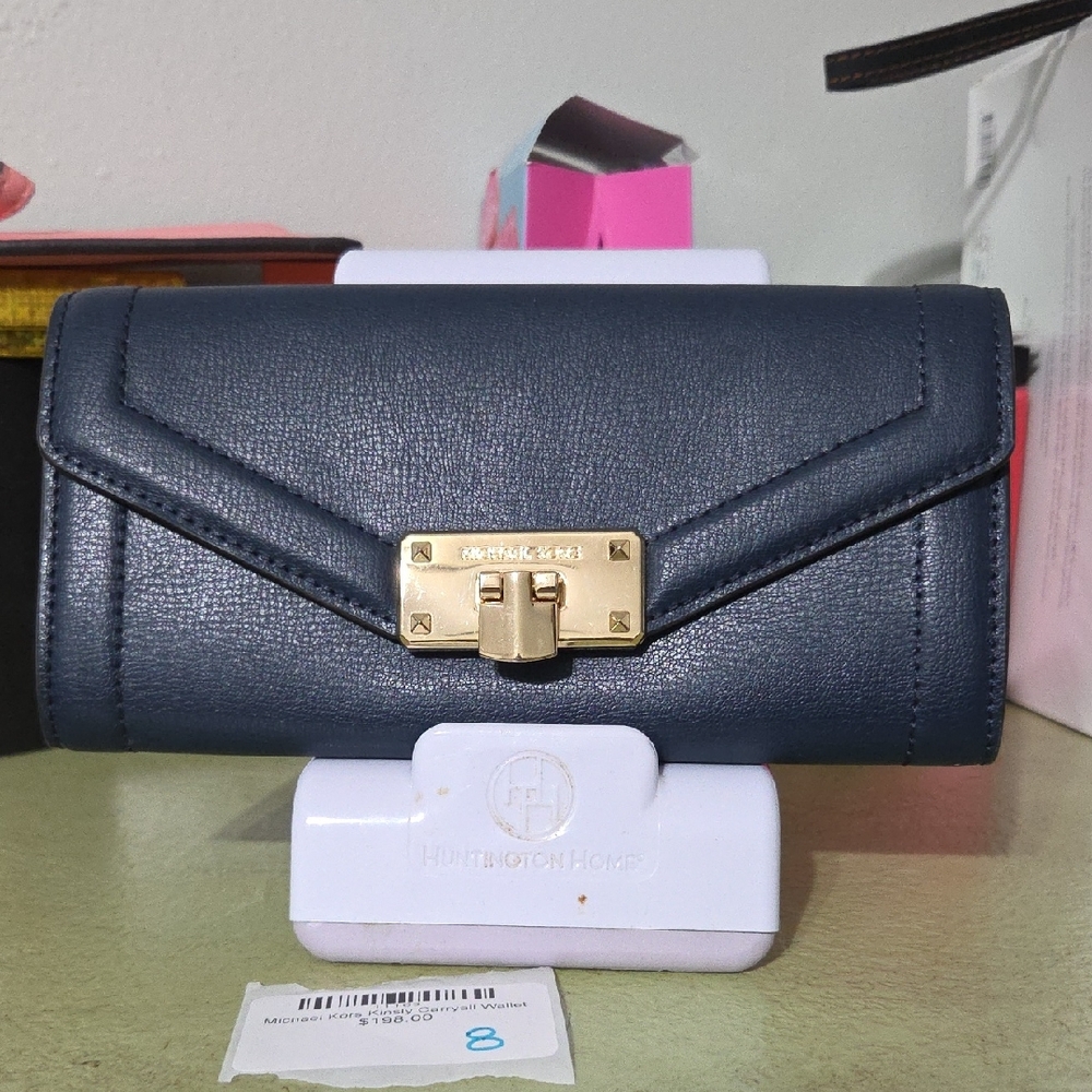 Michael Kors Dark Blue Wallet with Gold Clasp Kinsley Carryall Wallet